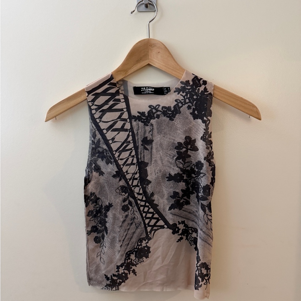 Jaded London Beige and Black Floral Mesh Tank Top